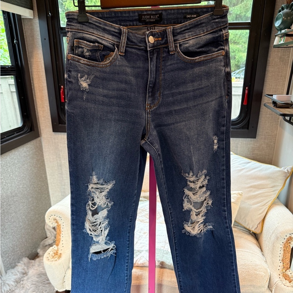 Judy Blue DAD JEANS Dark Blue Distressed Straight Leg Jeans 5/27